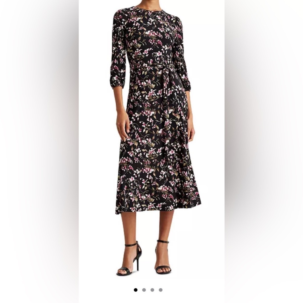 Lauren Ralph Lauren Black and Pink Floral Baloon Long Sleeve Midi Dress Size 6
